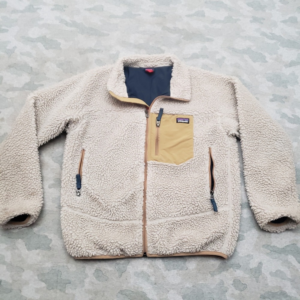 Patagonia Jacket Kids Large Beige Oatmeal Retro X Full Zip Pockets